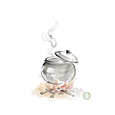 Ink-wash painting of a round clay vessel over a small fire, steam rising from it