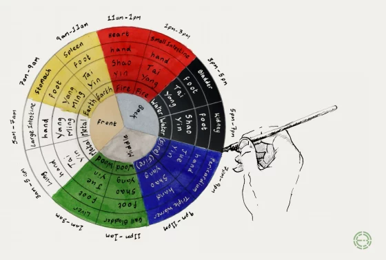 Watercolour clock wheel of the twelve channels, with the hours, elements and six divisions, and an ink hand touching its edge with a brush
