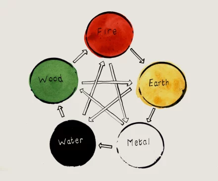 Watercolour diagram of the five elements, Fire, Earth, Metal, Water and Wood, with arrows for the nourishing cycle around the outside and the controlling cycle as a star inside