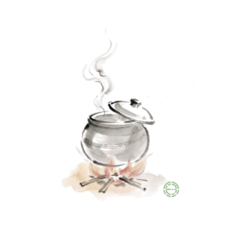 Ink-wash painting of a round clay vessel over a small fire, steam rising from it