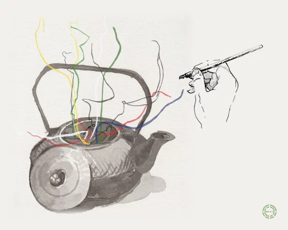 Ink-and-watercolour drawing of a cast-iron teapot with coloured threads, the channels, rising from it like steam, and a hand with a brush drawing them