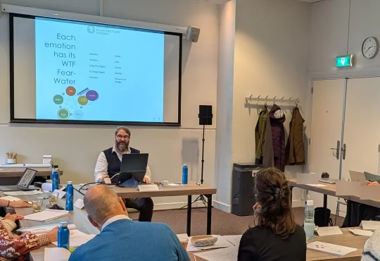 Jonathan Shubs teaching the Applied Nanjing course in the Netherlands, beside a slide on the emotions and the five elements, with participants seen from behind