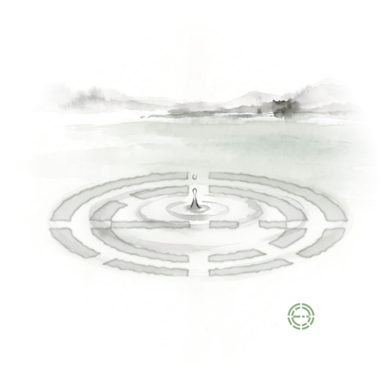 Ink-wash painting of a still lake with a drop falling into it; the ripples spreading from it form the Unified Acupuncture Theory mark