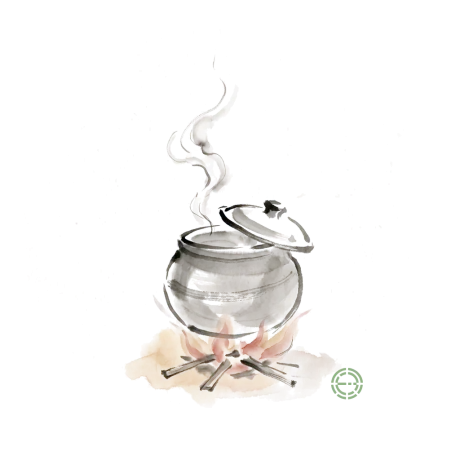 Ink-wash painting of a round clay vessel over a small fire, steam rising from it